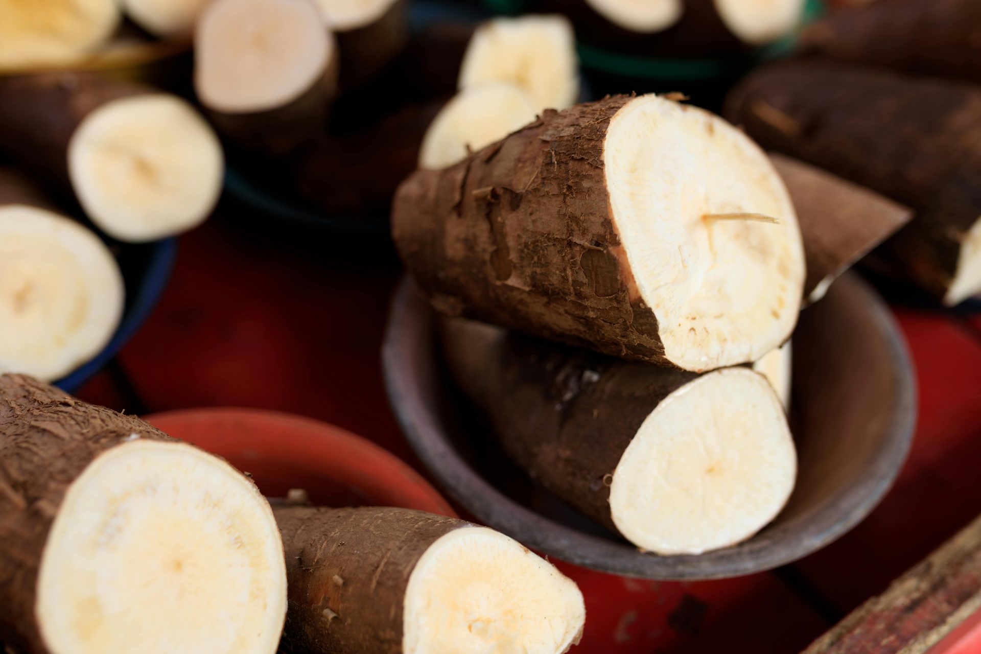 Imagen de primer plano de raíces de yuca recién cortadas y dispuestas en tazones, listas para cocinar.